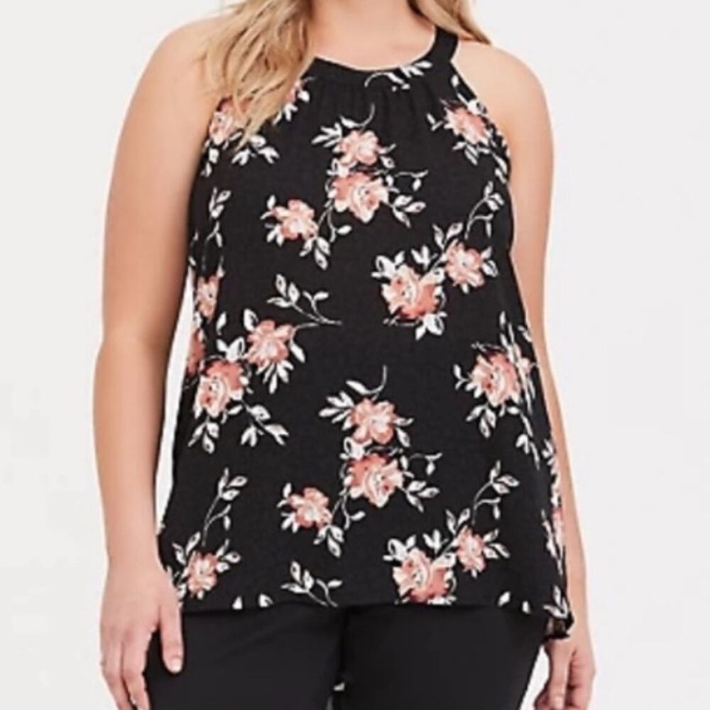 Woman’s Torrid Georgette Hi Low Black with peach flowers Tunic Size 1 - Picture 4 of 10